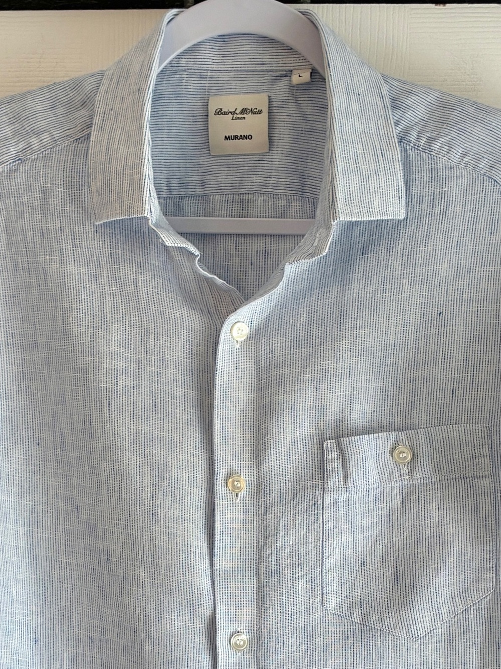Murano Baird McNutt 100% Linen Shirt L Blue Stripe Short Sleeve Coastal Resort - Picture 2 of 12